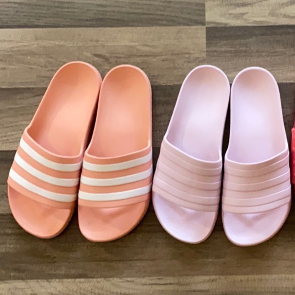 Worn Adidas peach and lavander sandals